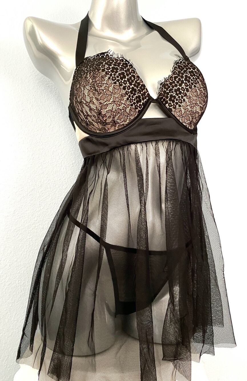Victoria's Secret New Black Eyelash Lace Sexy Babydoll & V String Panty Set